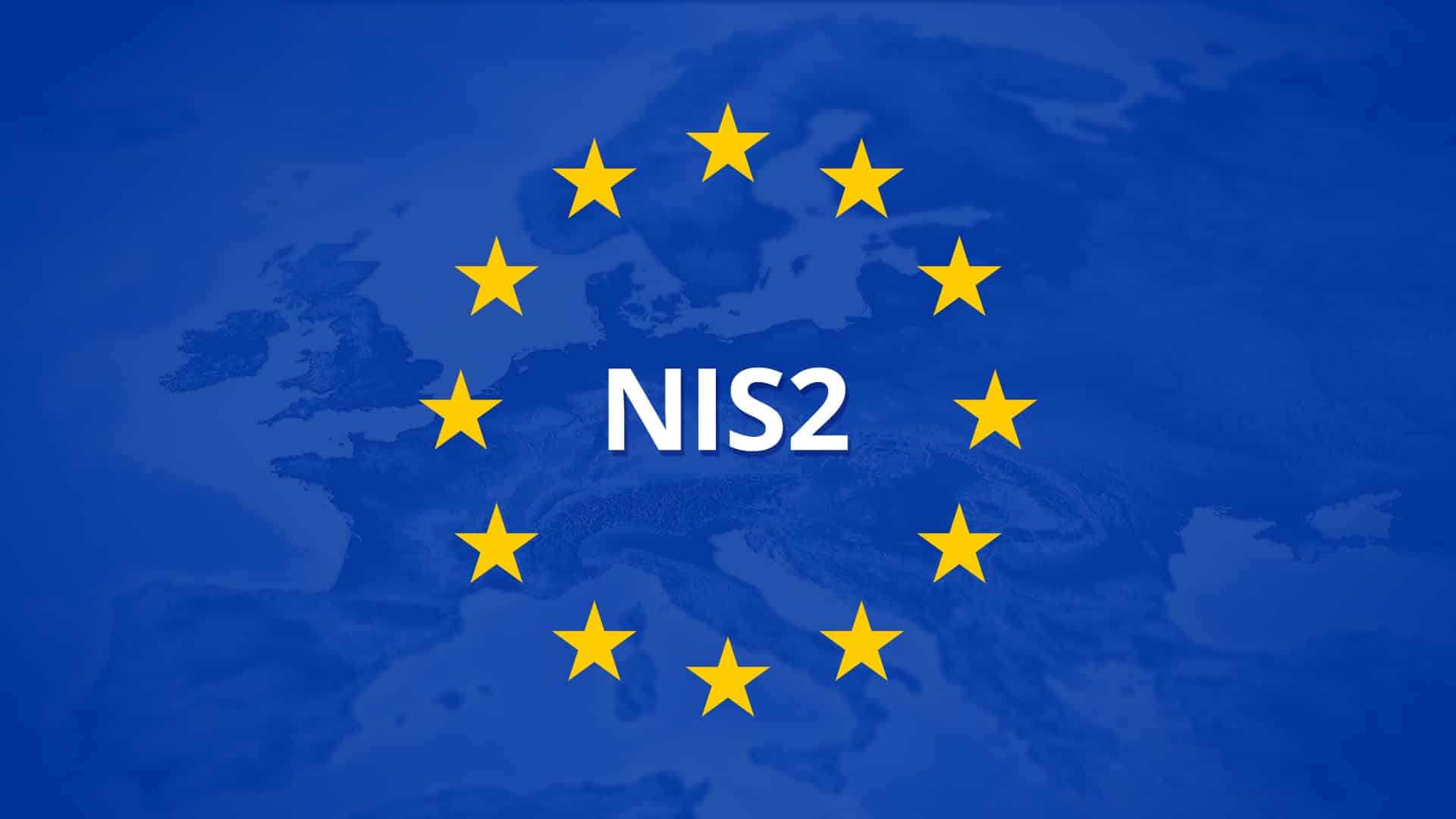 directive-nis2-union-europeenne La directive NIS2 sur fond de carte de l'Europe avec le cercle des étoiles de l'Union Européenne.
