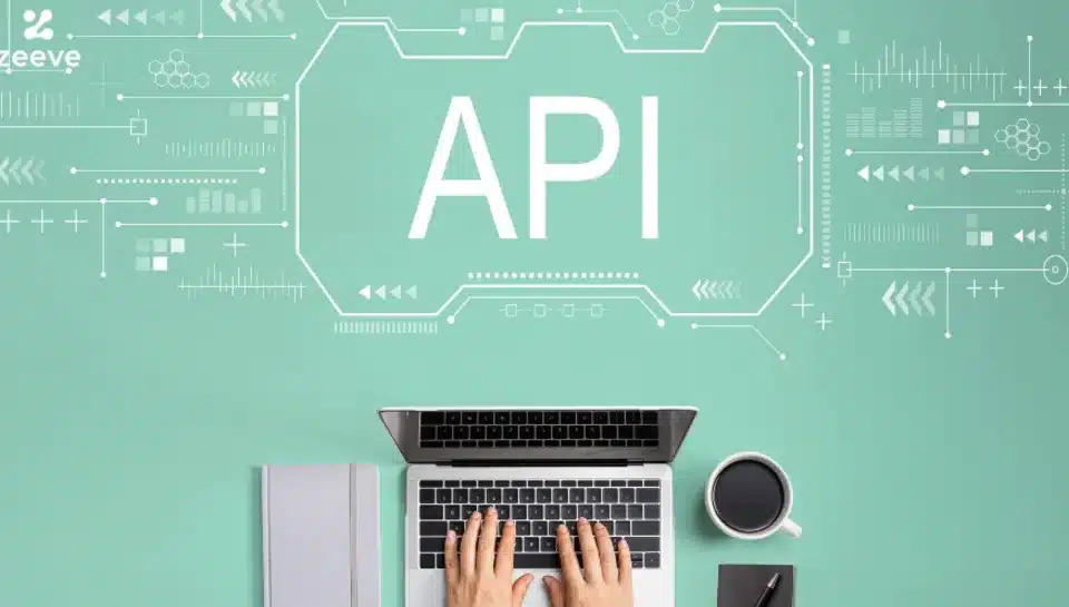 api interface programmation application Illustration conceptuelle d'une API, avec le mot 'API' en gros caractères et des graphiques technologiques stylisés en arrière-plan.